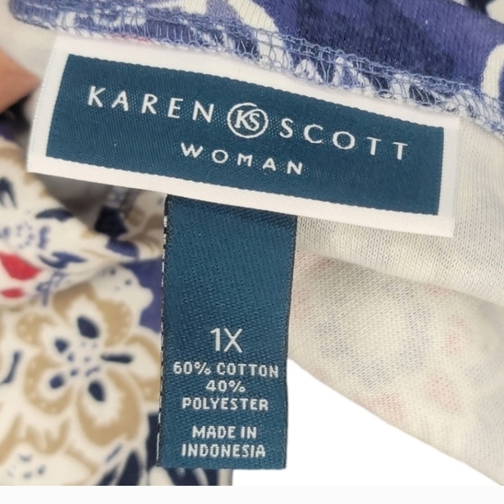 KAREN SCOTT -1X Floral V-Neck Women’s Top - Blue and White - Picture 4 of 4